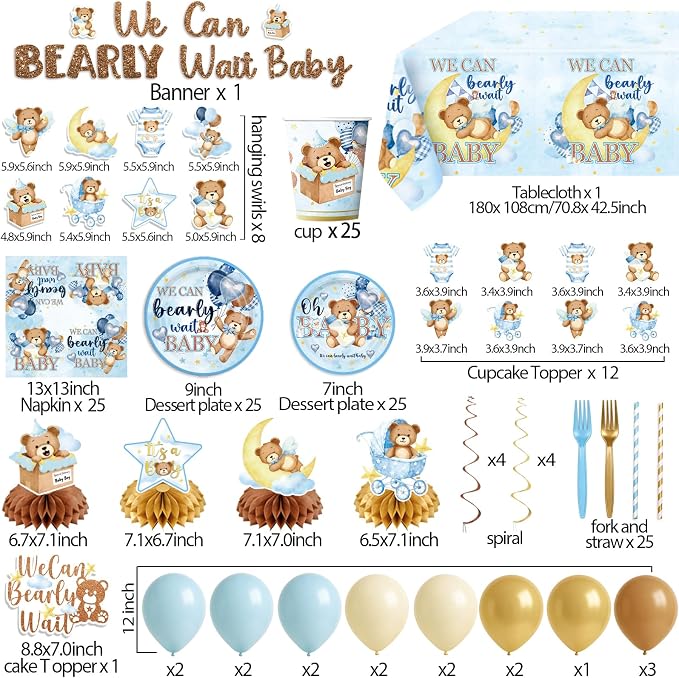 NeoRov 222 Pcs Blue Bear Baby Shower Decorations Tableware Set | Service 25 Guests | Includes Banner, Cake Topper, Balloons, Plates And Napkins Paper Cup | For Boy Baby Shower