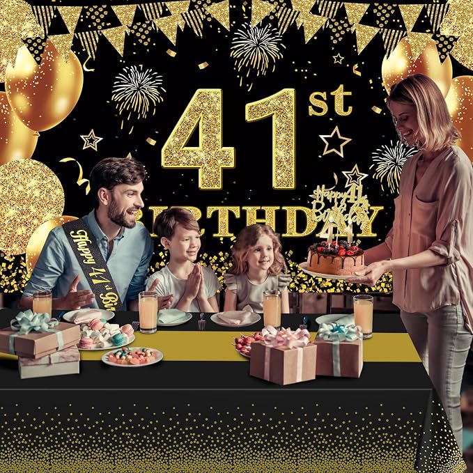 41st Birthday Decorations Men Women with 41st Birthday Banner, Black and Gold Table Cloth, Number Balloons, Large Sash, Cake Topper and Candles