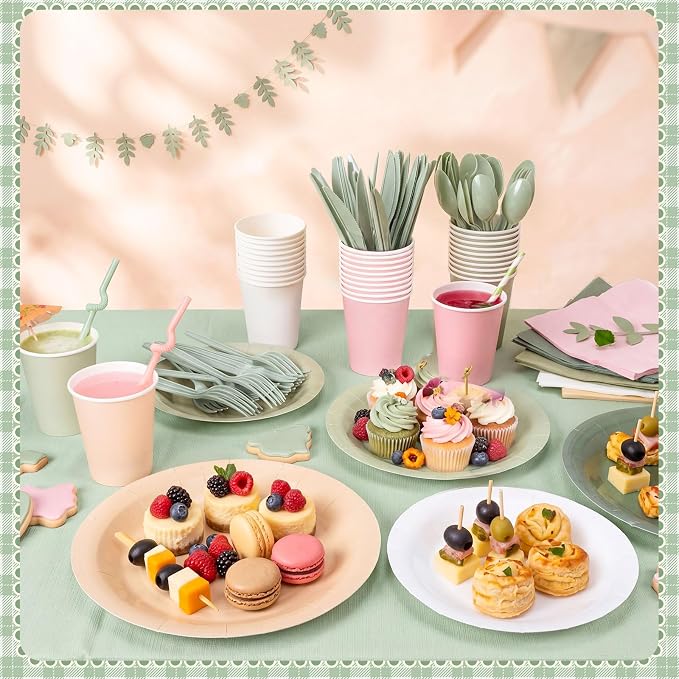 Mimorou 354 Pcs Sage Green and Pink Plates and Napkins Set Serves 50 Guests Gradient Green and Pink Tablecloth Plates Cup and Napkins Tableware for Birthday Wedding Bridal Baby Shower Party Supplies