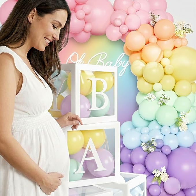 144Pcs Pastel Rainbow Balloon Arch Kit with 4 Baby Boxes - Macaron Pink Purple Blue Yellow Balloons for Unicorn Birthday, Ice Cream Theme, Baby Shower Girl Decorations