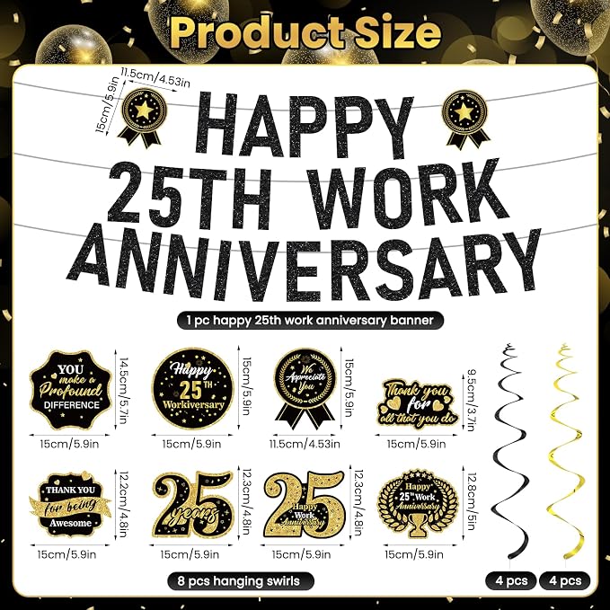 11pcs 25 Year Work Anniversary Decorations Black Gold Happy 25th Work Anniversary Banner Hanging Swirls Employee Appreciation Decorations Supplies 25 Year Workiversary Gifts for Employee Worker