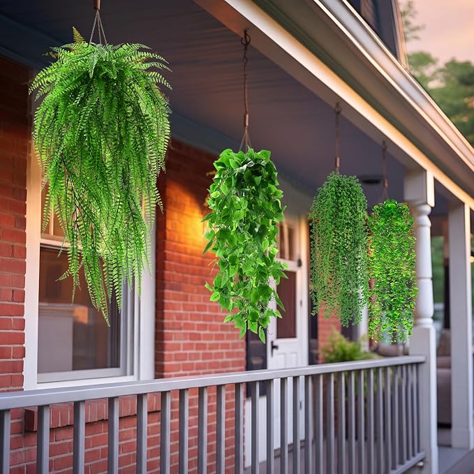 Daifunli 48 Pcs Artificial Hanging Plants Fake Hanging Ferns Plastic Fake Plants for Wall Room Garden Garland Indoor Outdoor Decor No Basket (Boston,Eucalyptus,Ivy Vine,String of Pearls)