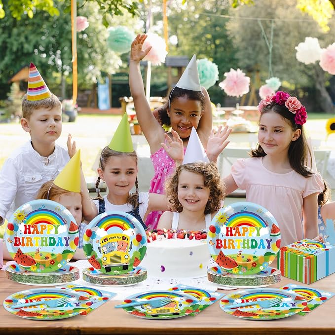 96Pcs Cartoon Melon Birthday Party Decorations Watermelon Theme Tableware Watermelon Bus Rainbow Plates Napkins Forks Cartoon Melon Dinnerware Party Supplies for Kids Birthday Baby Shower Serves 24
