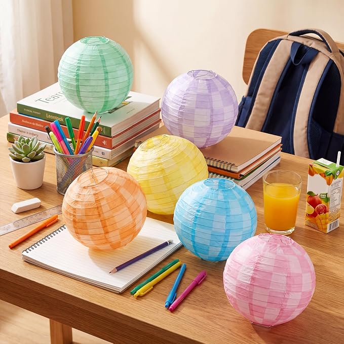 Retisee 12 Pcs Gingham Paper Lanterns Colorful Hanging Decorations 8 Inch Rainbow Checkerboard Ceiling Lanterns Back to School Classroom Decor for Birthday Party First Day of School Kindergarten