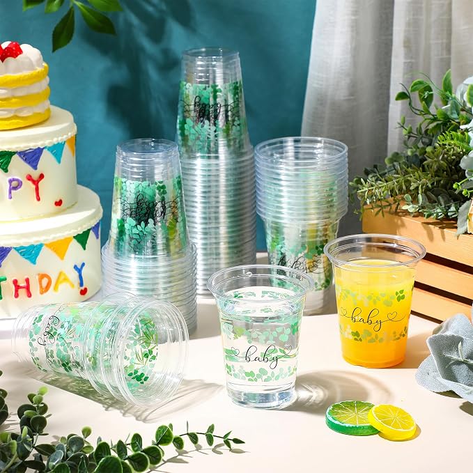Jingmore 100 Pcs Sage Eucalyptus Baby Shower Plastic Cups 12oz Sage Greenery Disposable Clear Plastic Drinking Cups Bulk for Wedding Bridal Baby Shower Birthday Party Decorations Supplies