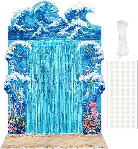 VitalCozy 7pcs Ocean Wave Party Decorations Sea Backdrop Foil Fringe Ocean Backdrop Curtains for Party Birthday Banner Photo Booths Studio Supplies