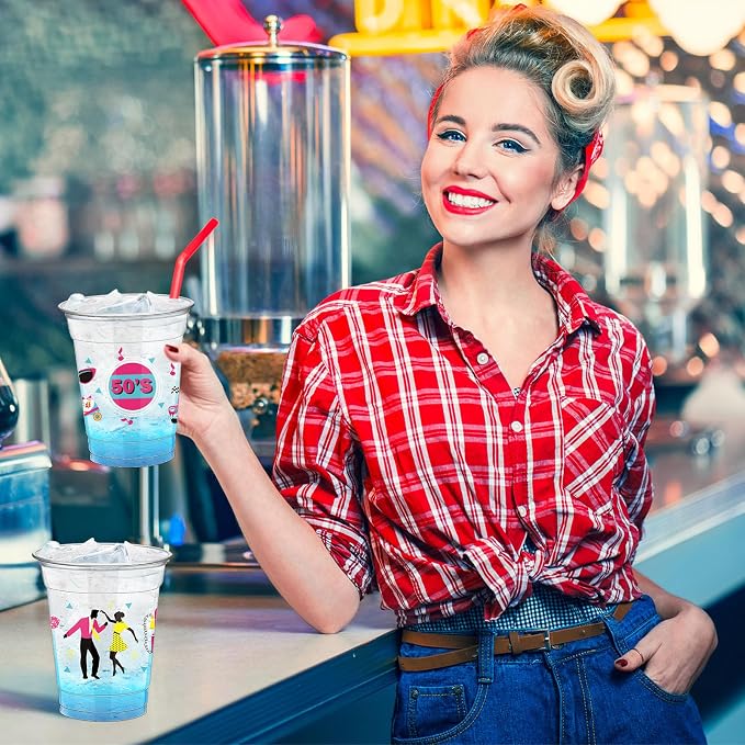 FoldTier 50 Pcs 50s Cups 12 oz Plastic 50s Back to 50s Cups Clear 50s Disposable Cups 50s Theme Drinking Cups for Home Party Back to the 50s Theme Back to 50s Favors Supplies Decoration (50s)