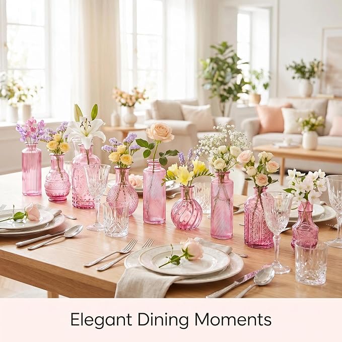 Mini Bud Vases Centerpieces for Tables,Clear Bud Vases for Flowers,Small Flower Vases Suitable for Birthday Party,Anniversary,Wedding Reception,Baby Shower (Pink, 12PCS)