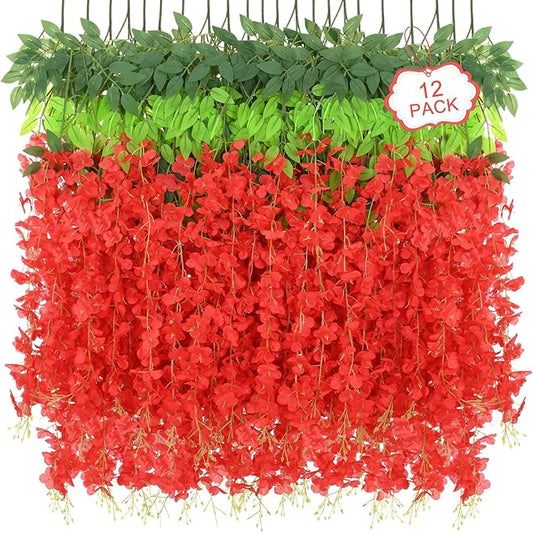 12Pcs Artificial Wisteria Hanging Flowers, 3.6Ft/Pcs Red Fake Wisteria Garland for Wedding Party Home Garden Indoor Outdoor Decoration