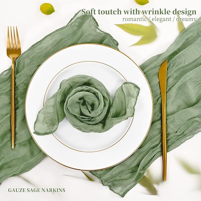 60 PCS Sage Green Gauze Cheesecloth Napkins,20x20 Inch Gauze Napkin Rustic Wrinkled Cheesecloth Napkin Bulk Washable Dinner Table Napkins for Wedding Party Bridal Shower Baby Shower Events Decor