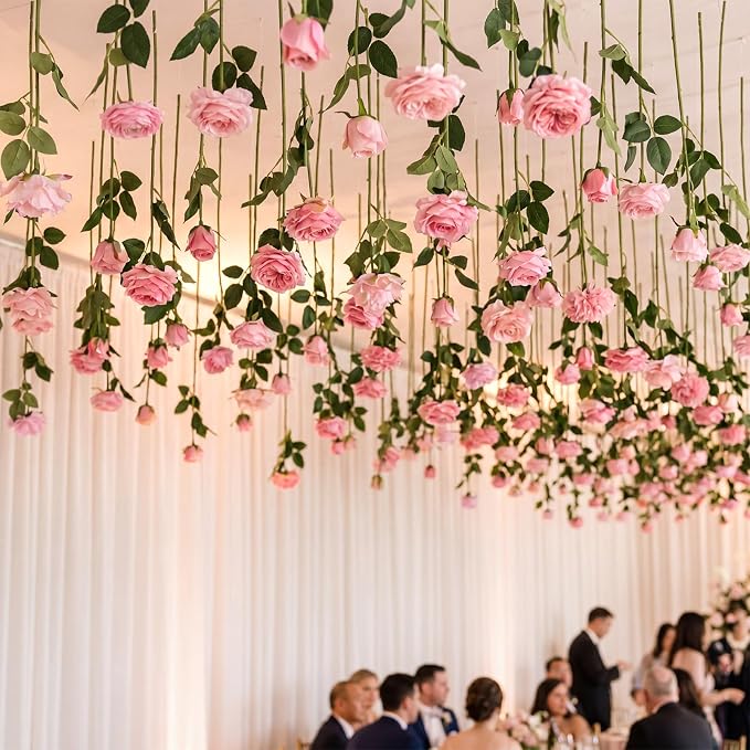 Lyrow 120 Pack Pink Roses Artificial Flowers Bulk Hanging Floating Garland Fake Pink Rose Vine for Ceiling Decoration Wedding Anniversary Bridal Bouquet DIY Floral Arrangement Proposal Romantic Decor