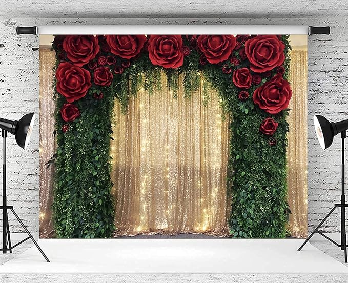 6x4ft Wedding Backdrop Red Rose Flowers Gold Sequin Wall Greenery Leaves Photography Background Bridal Wedding Party Banner Decorations Supplies Photo Booth Props