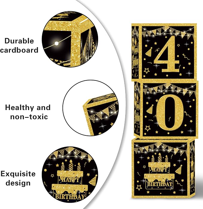 Gold 40th birthday decorations for men,3pcs birthday Decorations for Men boys black and gold Balloon Boxes Birthday Party Favors