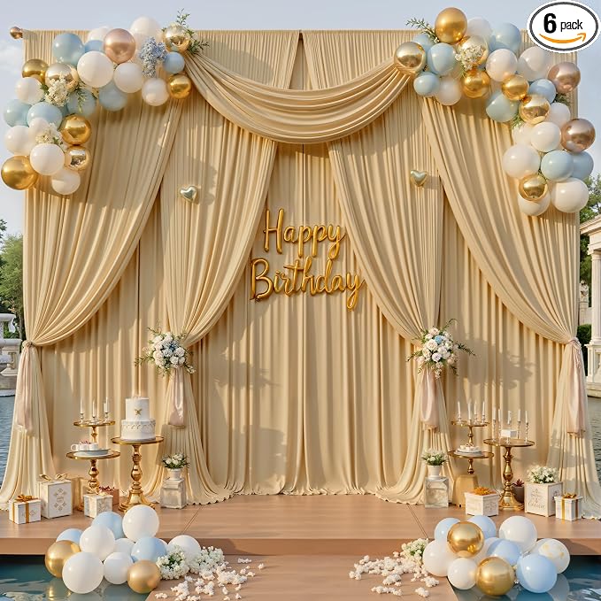 30x14ft Beige Backdrop Curtains for Wedding Party, 6 Panels 14 ft Long Back Drop Cloth, Wrinkle-Free Polyester Drapes for Birthday, Baby Shower, Stage Photography Background