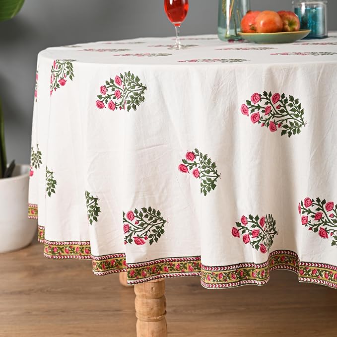 Hand Block Printed Tablecloth – Colorful Floral Print | 100% Cotton | Indian Artisan Handmade Art | Dining Room, Kitchen, Outdoor Décor, (Soft Petal Glow, 8 Seater 90 Inches Round)