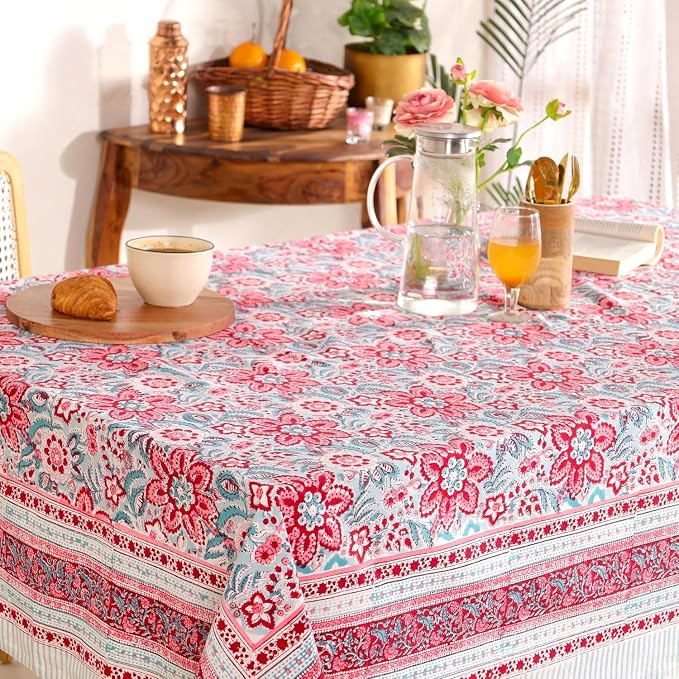 Hand Block Printed Tablecloth, Colorful Floral Print, Indian Artisan Handmade Art, Dining Room, Kitchen, Outdoor Décor, (Scarlet Garden Grace, 6 Seater 60 x 90 Inches Rectangle)