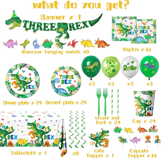 214pcs Three Rex Birthday Decorations Tableware Boy,Dinosaur Paper Plates and Napkins for Birthday Party,12 Balloons,Banner,Tablecloth,Cups,TRex Dinosaur Theme 3 Year Old Boy Party Supplies,Serve 24