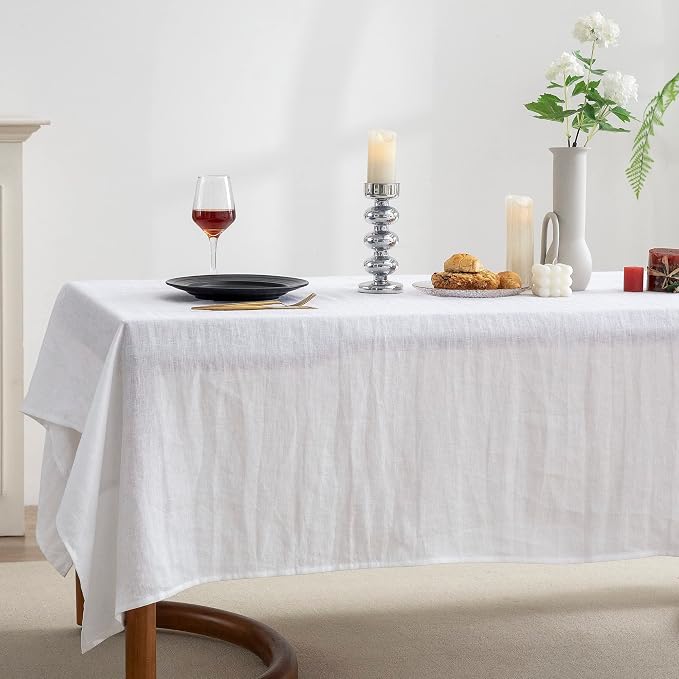 EVERLY 100% Pure Linen Rectangle Tablecloths 60x132Inches for Dining, Buffet Parties, Picnic,Events, Weddings and Restaurants, Decorative Halloween, Thanksgiving Machine Washable Tablecloths-White