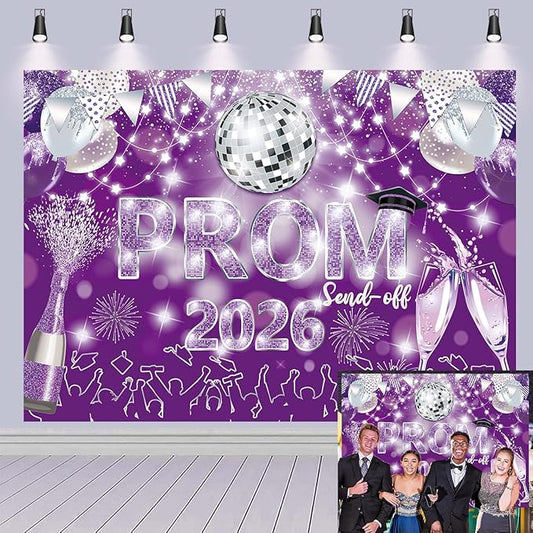2026 Graduation Prom Backdrop Celebration Graduation Purple Silver Glitter Disco Ball Send Off Photography Background School Class of 2026 Prom Night Party Decor Banner (Purple Silver, 8x6FT)
