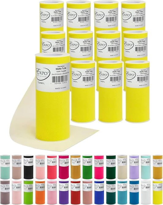 Expo International Decorative Matte Tulle, Lightweight Polyester Tulle Fabric for Tutus, Costumes, and Party Decorations, Washable, Easy-to-Use, 6 Inch x 25 Yards, Yellow, Pack of 12