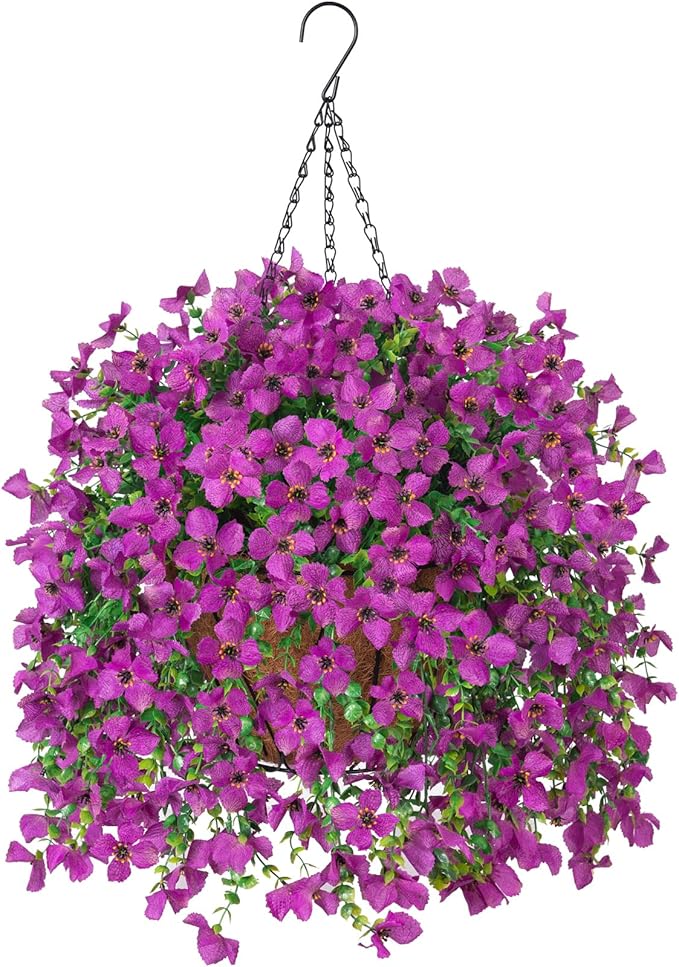 INXUGAO Artificial Hanging Flowers Plants with Basket for Outdoors, Realistic Faux Silk Daisy Flower Eucalyptus for Spring Decor, UV Resistant Fake Plants for Porch Patio Yard Balcony, Purple