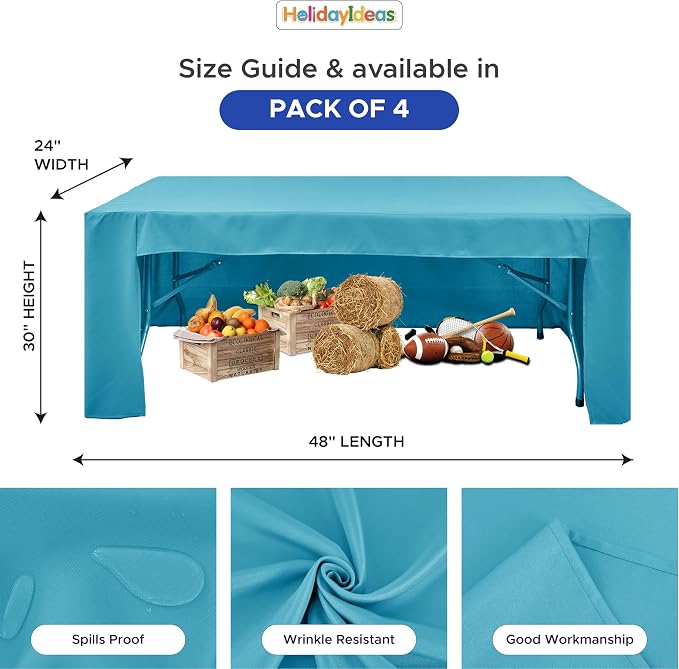 HolidayIdeas 4-Pack 4ft Open Back Fitted Tablecloths for Craft Shows Teal | 3-Sided coverage wrinkle resistant tablecloths for vendor booths,banquet events,outdoor pop-up shop