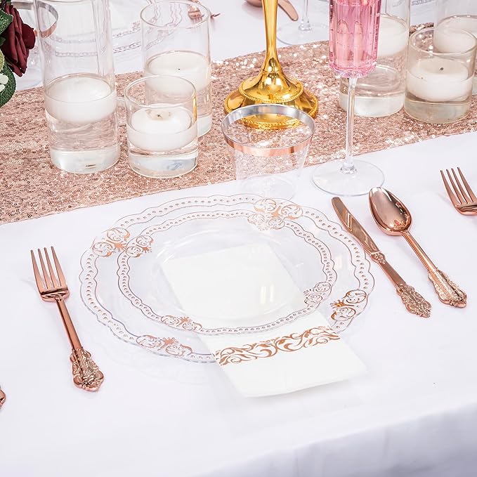 Ciaell 175 PCS Rose and Gold Plastic Plates - Fancy Rose Gold Disposable Dinnerware Set with of 50 Plates, 25 Knives, 25 Forks, 25 Spoons, 25 Cups, 25 Napkins for Wedding & Party & Mother's Day