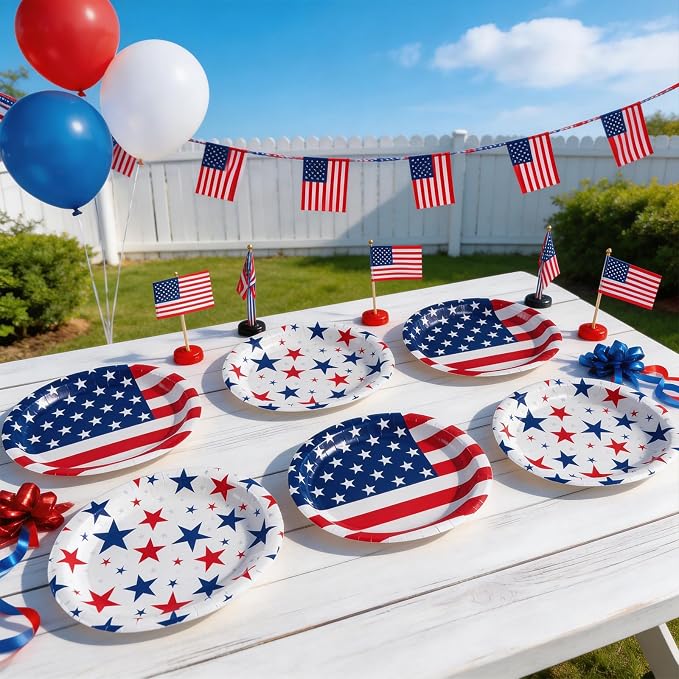 Patriotic Party Decoration Plates Set, 100Pcs 4th of July American Flag Red White Blue Disposable Paper Plates and Napkins Heavy Duty for Independence Day, Veterans Day, Election Day Party Supplies