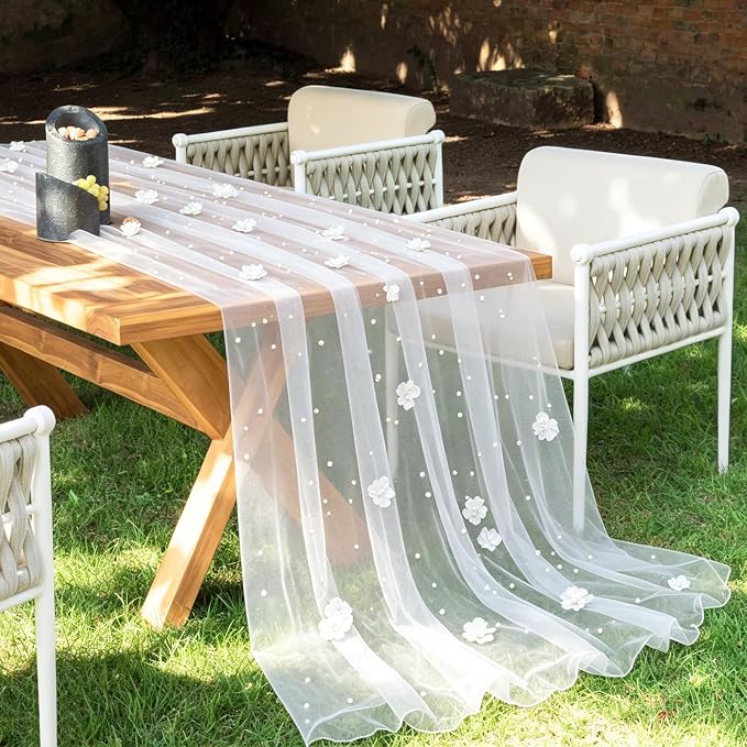BINBE Flower Pearl Table Runner Spring Summer Rustic Boho 10ft Tulle Table Runner for Baby Shower Wedding Veil Holiday Dessert Table Decor White