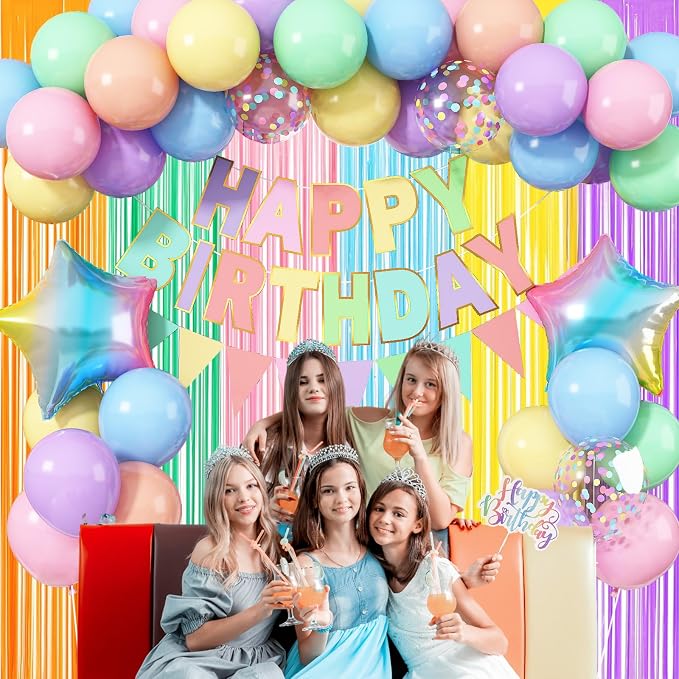 Jobkoo Pastel Birthday Decorations for Girls, Macaron Rainbow Pastel Color Balloons Reusable Happy Birthday Banner Sign Fringe Curtain Backdrop Cake Toppers for Kid Spring Baby Shower Party Decoration