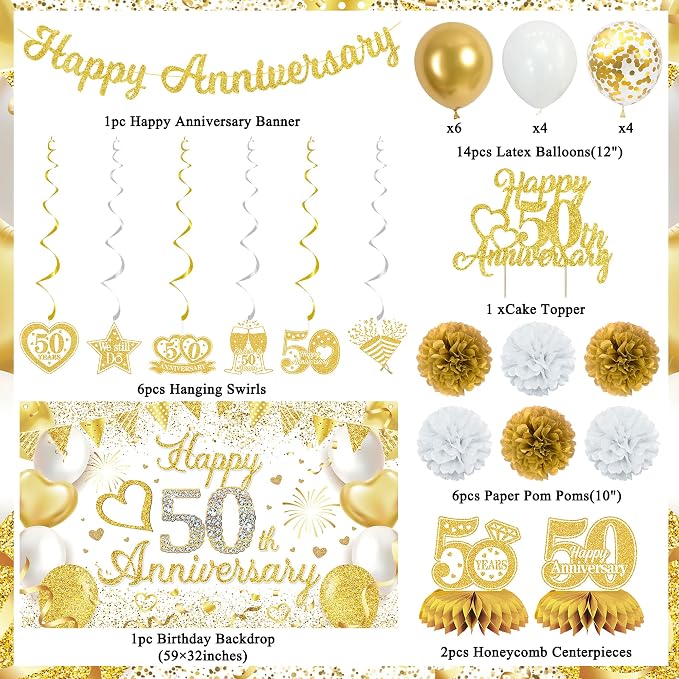 Vlipoeasn 50th Anniversary Decorations for Couple, White Gold Cheers to 50 Years Wedding Party Supplies, 50th Anniversary Backdrop Glitter Gold Banner, Cake Topper, Honeycomb, Hanging Swirl for Party