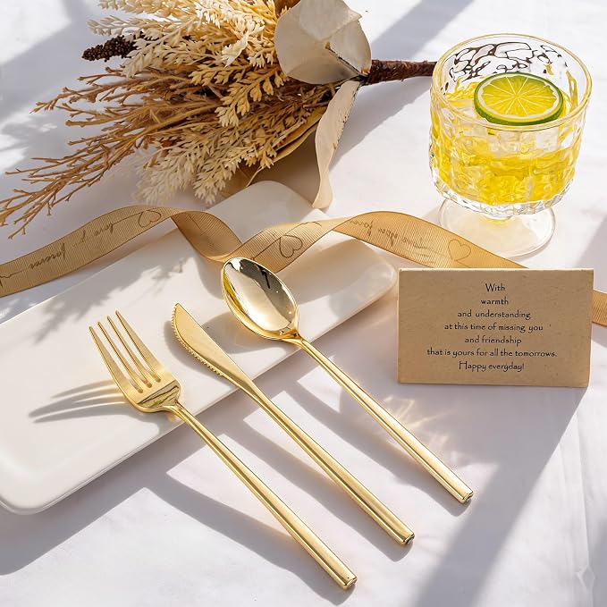Tinybee 150PCS Gold Plastic Silverware - Heavy Duty Disposable Silverware, Luxury Gold Plastic Utensils - Elegant Disposable Utensil Include 50 Knives, 50 Forks, 50 Spoons Perfect for Party&Wedding