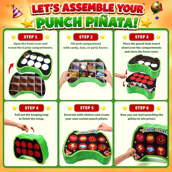 WERNNSAI Game Punch Piñata - Punch Box Piñata with 4 Replacement Punch Papers & 4 Sets of DIY Stickers, Hanging Unboxing Game Supplies for Video Game Party, Gamer Birthday, School Carnival Decor