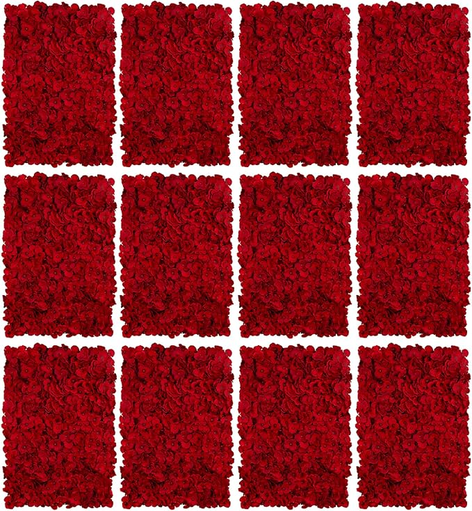 BLOSMON Flower Wall Panel Backdrop - 12 Pcs 24 x 16 Inch Red Artificial Hydrangea Floral Panels for Wedding Party Baby Bridal Shower Decor - 3D Fake Silk Flower Backdrop Decoration