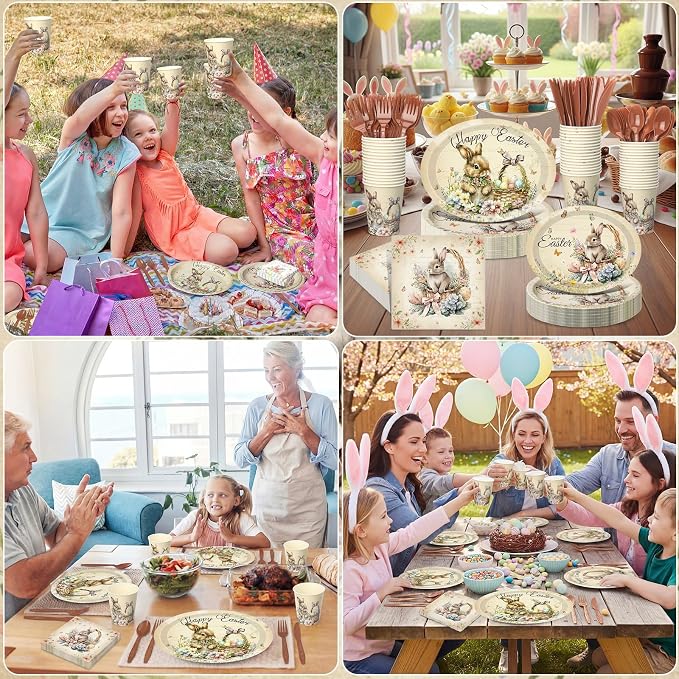 Pajean 350 Pcs Easter Bunny Oval Paper Plates Set with 12 Inch Disposable Vintage Easter Oval Plates and Napkins Bunny Flower Eggs Heavy Duty Dinnerware for 50 Guests Picnic Spring Party Supplies