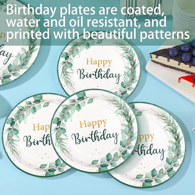 Sage Green Birthday Decorations for Women, Happy Birthday Plates and Napkins Set 168Pcs, for Boho Neutral Sage Green Decorations, Serve 24
