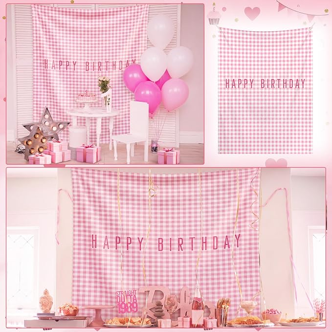 Flutesan 7x5ft Pink Gingham Happy Birthday Backdrop Large Banner Fabric Tapestry Birthday Party Decoration Baby Shower Linen Rustic Background Wall Photo Props Indoor Outdoor