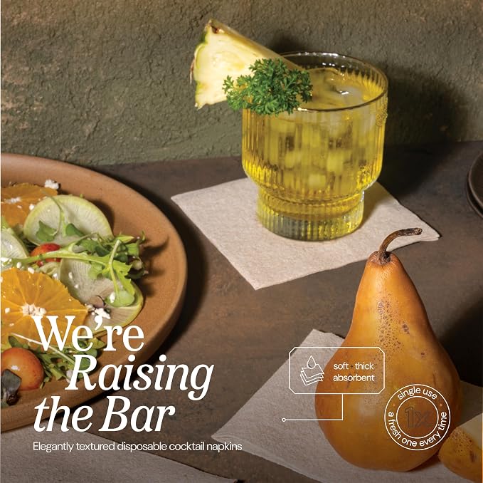 Disposable Cloth-Like Cocktail Napkins, 200 Pack 10" x 10" Linen-Feel Natural Color Recycled Beverage Paper Napkins For Bar, Café, Wedding Or Party