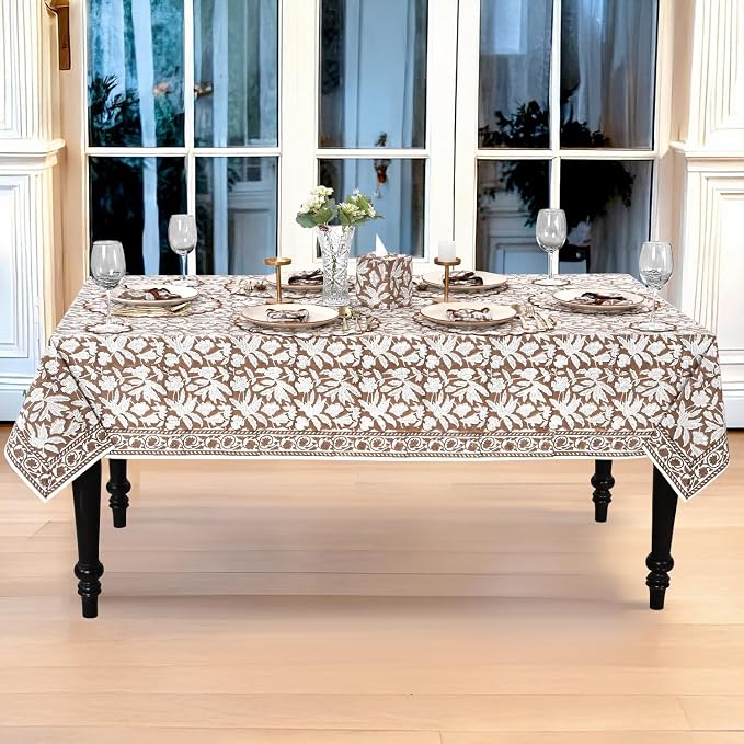 Ridhi Oak Brown Hand Block Print Cotton Rectangle Tablecloth 108" x 60" inches Reusable Table Cover Decorative Everyday Use for Dining Room, Farmhouse, Home Gift for Spring, Mother's Day