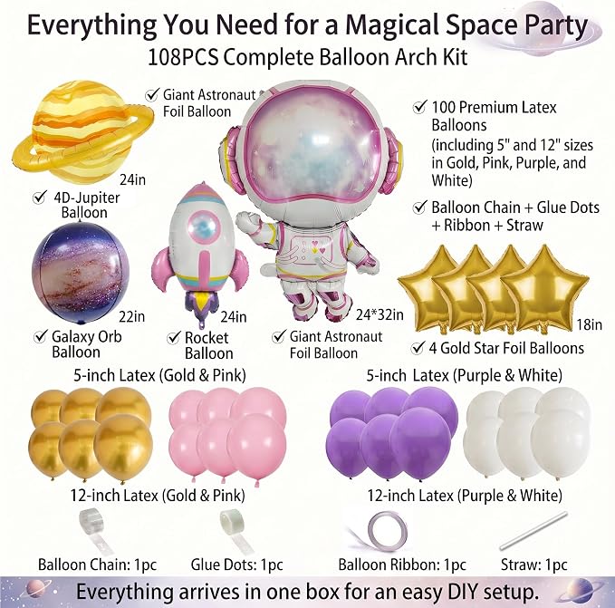 108PCS Pink Space Balloon Arch Kit for Girls – Dreamy Astronaut Rocket Planet Galaxy Balloons Garland, Outer Space Birthday Party Decorations, Baby Shower Two The Moon Party Supplies