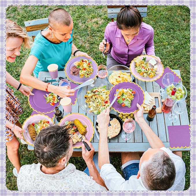 Mimorou 169 Pcs Purple Plates and Napkins Party Supplies for Guests Lavender Purple and Gold Tableware Include Scalloped Plates Paper Napkin Cup Spoon Fork Knife for Baby Shower, Wedding, Birthday