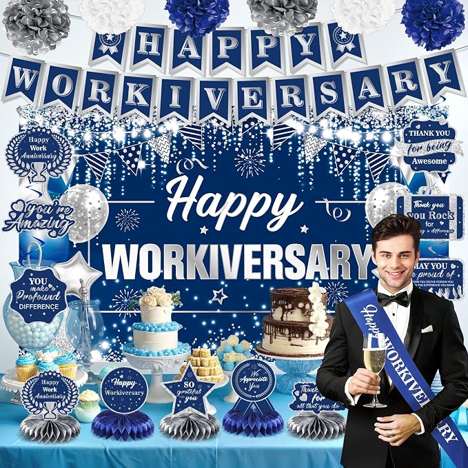 Happy Work Anniversary Decorations Blue Silver Happy Workiversary Banner Honeycomb Centerpieces Hanging Swirls Tissue Paper Pompoms Sash for Office Employee Worker Anniversary Appreciation Supplies