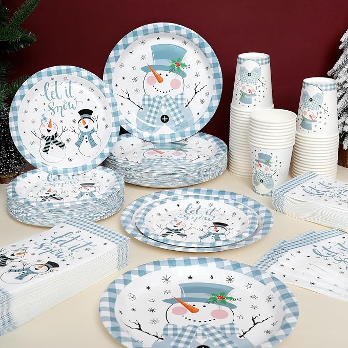 Funnymoom 250 Pcs Winter Snowman Paper Plates and Napkins Party Supplies Blue White Buffalo Plaid Winter Disposable Tableware Set for Christmas Holiday Party Decoration