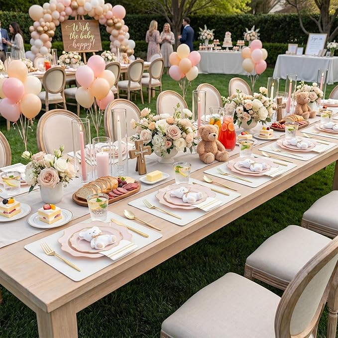 WDF 350Pcs Pink Plastic Plates - Pink and Gold Disposable Plates 50Guest Plastic Dinnerware for Baby Shower/Birthday/Wedding/Spring/Mother's Day