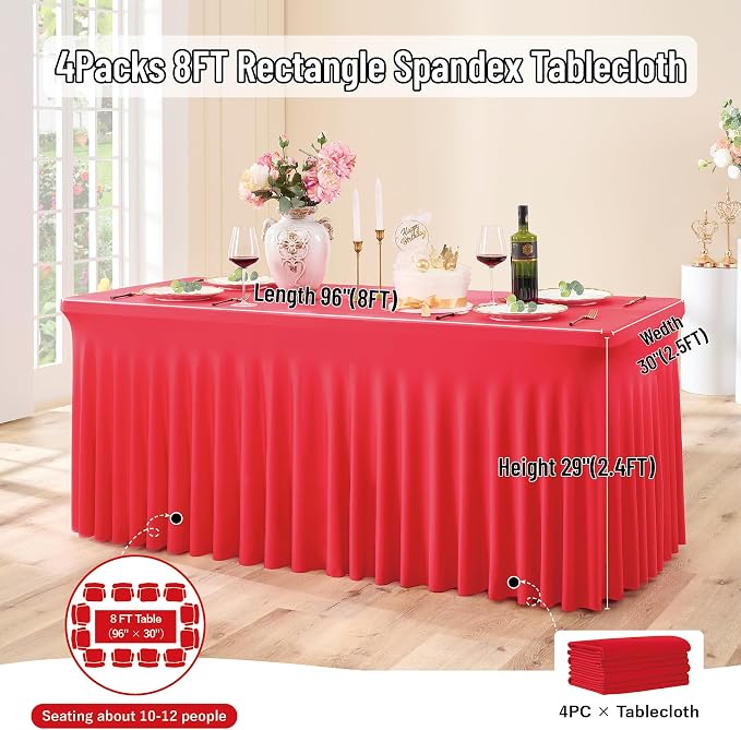 Outpain 8ft Spandex Table Cloth for Standard Folding Tables-4Pack Red Table Cloth Table Protector for Party, Wedding, Cocktail, Banquet, Festival