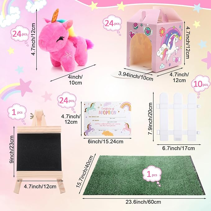 Blueweenly 84 Pcs Adopt a Pet Party Supplies 24 Mini Animals 10 White Plastic Fence 24 Paper Gift Boxes 24 Adoption Cards with Mini Chalkboard and Artificial Lawn(Unicorn)