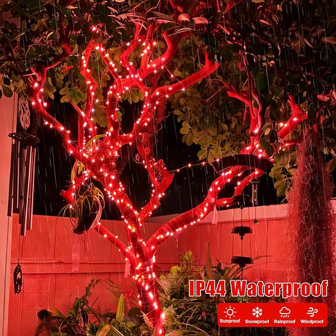 YEGUO 4 Pack Halloween Solar Fairy Lights, Each 33ft 100 LED Red Christmas Lights Outdoor Waterproof, 8 Modes Sliver Wire Solar String Lights