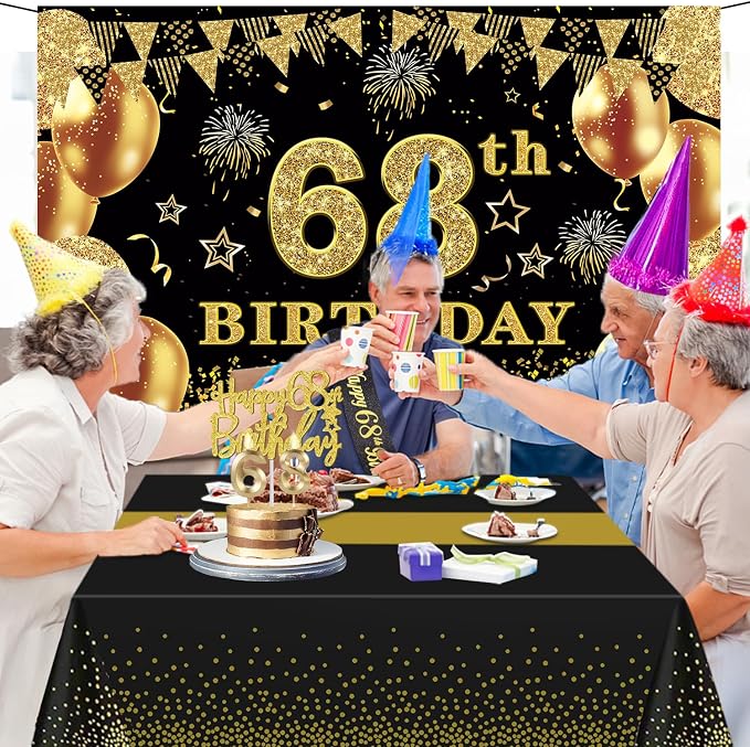 68th Birthday Decorations Men Women with 68th Birthday Banner, Black and Gold Table Cloth, Number Balloons, Sash, Cake Topper and Candles