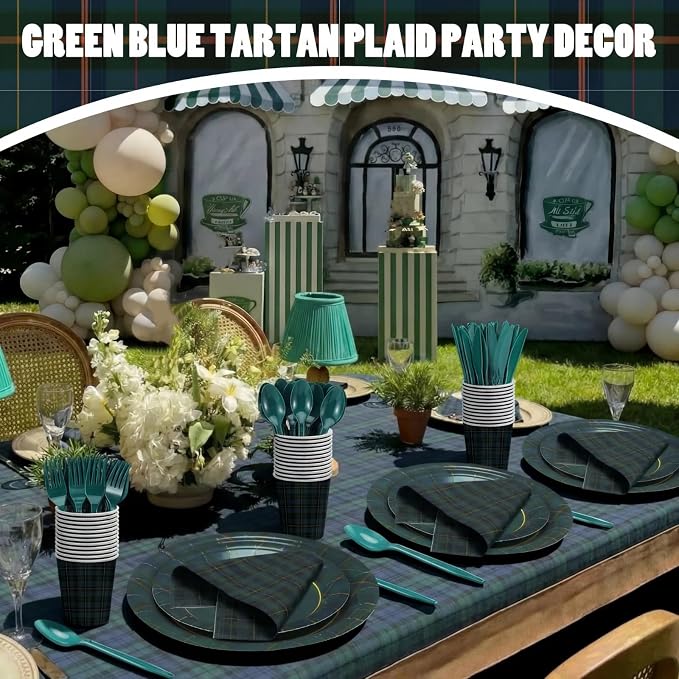 168 Pcs Green Blue Tartan Plaids Baby Shower Decorations We Can Bearly Wait Birthday Tableware Set Navy and Green Plaid Disposable Paper Plates Cups Utensils Serves 24