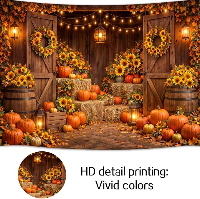 5 x 3 ft Autumn Harvest Barn Backdrop Pumpkin Sunflower Fall Photography Background for Thanksgiving Baby Shower & Birthday Party Photo Booth Studio Props
